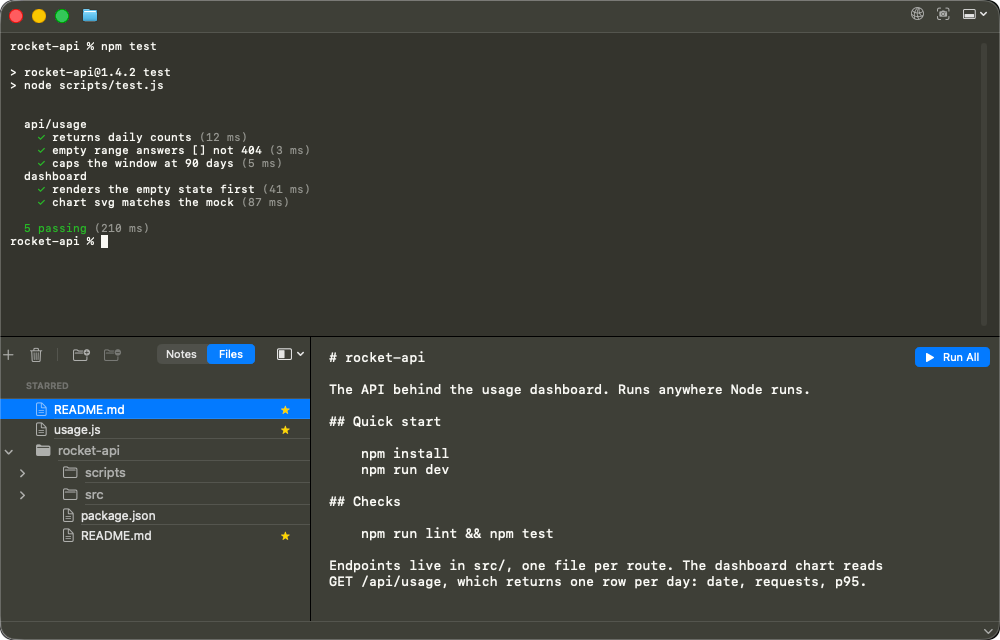 PromptBook with a test run in the terminal, starred files pinned above a project tree, and a README open beside them