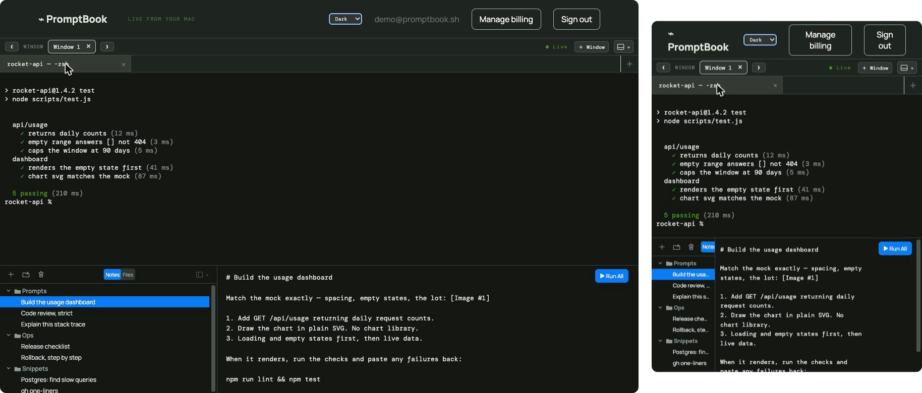 The same live PromptBook session mirrored in a desktop browser and a phone-sized window, both marked Live