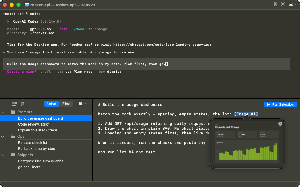 PromptBook: a note whose image tag opens a design mock, driving Codex in the terminal below